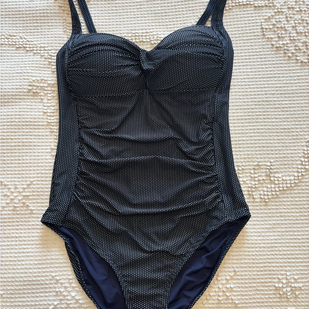 Classic Navy Blue White Polkadot One Piece Swimsuit with Sweetheart Neckline
